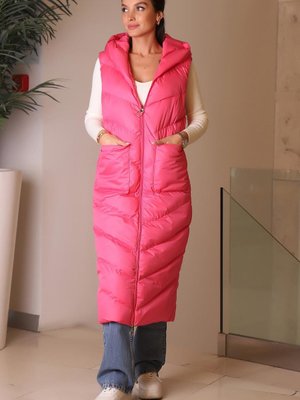 Pembe Kapüşonlu Uzun Şişme Yelek