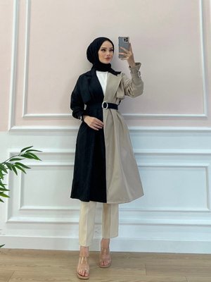 Bej İki Renk Trençkot Si̇yah