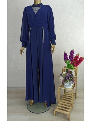 Önü Ve Beli Taş İşlemeli Kol Ucu Düğmeli Yarım Tüllü Detaylı Qys Tulum #23 08#