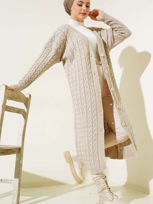 Düğmeli Uzun Triko Hırka Taş Rengi