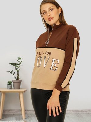 Kahverengi Renk Bloklu Dik Yaka Örme Sweatshirt Kahverengi Renk Bloklu Dik Yaka Örme Sweatshirt