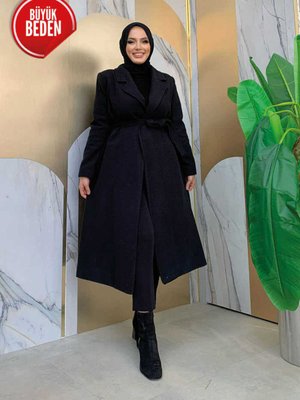 Büyük Beden Bel Kuşaklı Astarlı Kaşe Kaban Siyah Büyük Beden Bel Kuşaklı Astarlı Kaşe Kaban Siyah