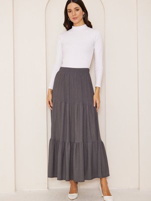 Gri Mevsimlik Katlı Pamuklu Uzun Günlük Rahat Etek, Etek