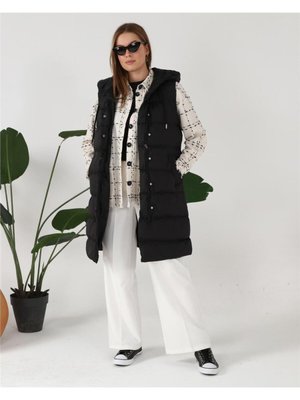 Kapüşonlu Kolsuz Şişme Uzun Yelek Siyah