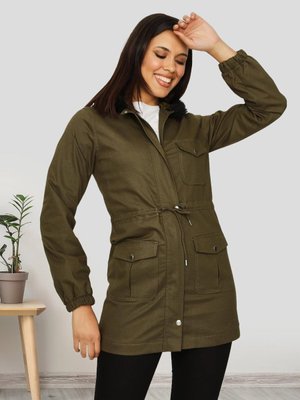 Haki Kürk Kapüşonlu Çıtçıt Kapamalı Parka