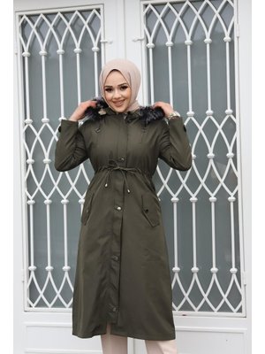 Çift Fermuar Detaylı Haki Mont