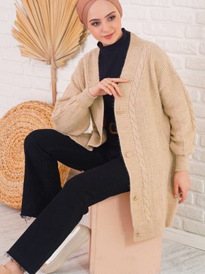 Bisküvi Saç Örgü Desen Düğmeli Triko Hırka