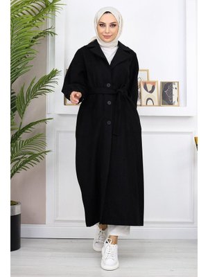 Siyah Geniş Yaka Kaşe Kaban