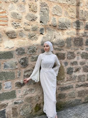 Mishel Beyaz Dantel Abiye Elbise