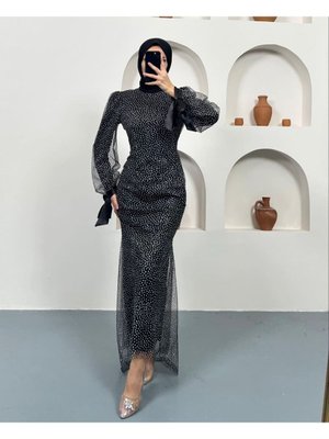 Ponponlu Simli Kalem Kesim Abiye Elbise