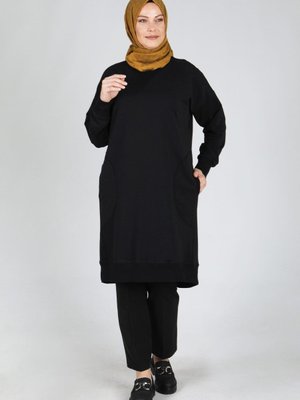 Siyah Büyük Beden Kaşkorse Kombinli Cepli Tunik