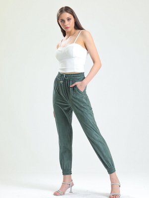 Beli Ve Paçaları Lastikli Süet Pantolon | Yeşil