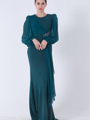 Zümrüt Tül Detaylı Simli Abiye Elbise Zümrüt Tül Detaylı Simli Abiye Elbise