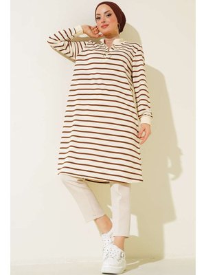 Kahverengi Yaka Fermuarlı Çizgili Tunik