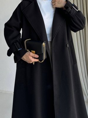 Kuşak Detaylı Kolları Kemer Tokalı Oversize Kalıp Cm Kaşe Kumaş Siyah Kaban