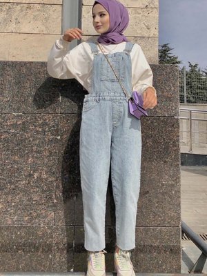 Bahçıvan Askılı Yıkamalı Kot Tulum Buz Mavisi