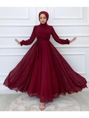 Tesettur Krep Kumaş Kruvaze Yaka Abiye Elbise