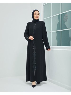 Taşlı Model Krep Kumaş Siyah Ferace