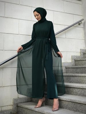 Tül Detaylı Beli Kuşaklı Tulum Tül Detaylı Beli Kuşaklı Tulum