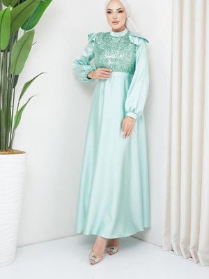 Önü Payet Detaylı Saten Abiye Elbise Mint Yeşili