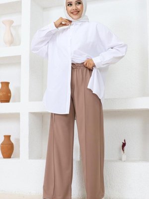 Belli Lastikli Rahat Kesim Salaş Pantolon Vizon