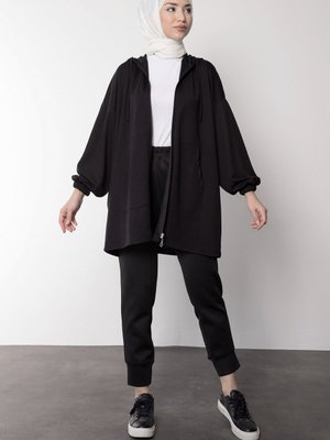 Oversize Kesim Kapüşonlu Fermuarlı