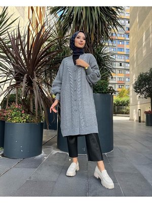 Örgülü Uzun Triko Hırka Gri