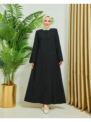 Taşlı Çıma Dikişli Mia Petek Kumaş Siyah Ferace