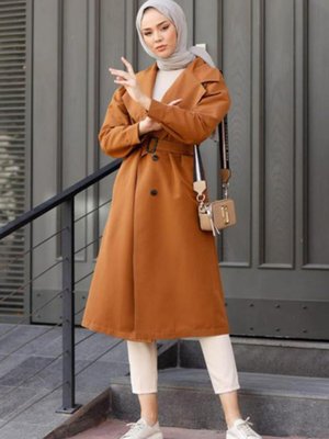 Önü Düğmeli Kemerli Trençkot