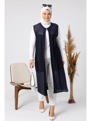 Lacivert Kadin Buyuk Beden Transparan Taşlı Uzun Yelek