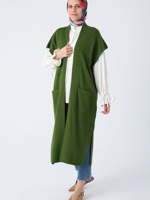 Koyu Yeşil Cepli Uzun Triko Yelek