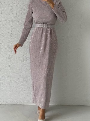 Örme Sim Ve Pul Detaylı Abiye Elbise Vizon Örme Sim Ve Pul Detaylı Abiye Elbise Vizon