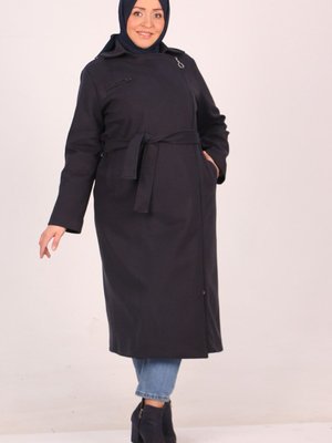 Lacivert Büyük Beden Yandan Femuarlı Kaşe Kaban