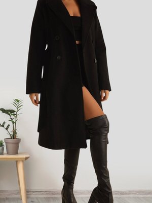 Siyah Kruvaze Yaka Kuşaklı Düğmeli Kaban