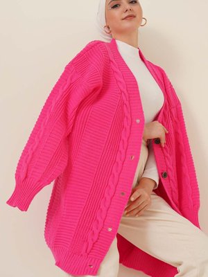 Örgü Desenli Önden Düğmeli Hırka Fuşya