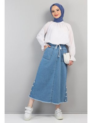 Yanları Çakımlı Kot Etek Açık Mavi