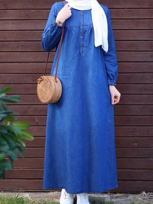 Robalı Patlı Kot Elbise Mavi