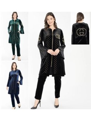 Lacivert Zizo Taşlı Tessetürlü Kadife Pijama Takımı