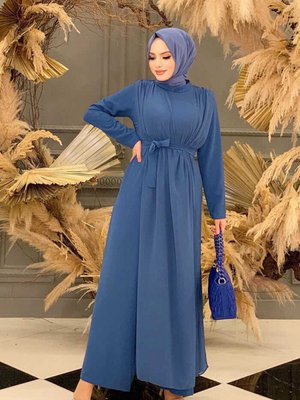 Şifon Pelerin Detay Bel Kuşaklı Tulum İndigo