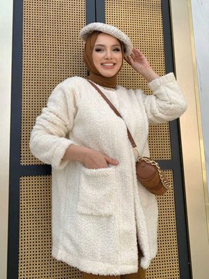Peluş Cep Detay Triko Hırka Ekru