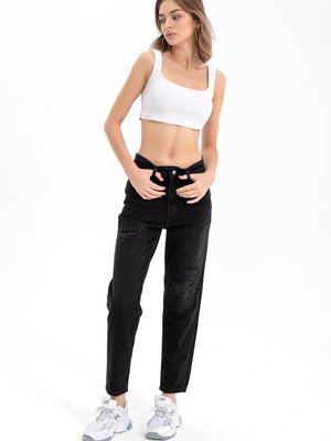 Füme Lazer Kesim Peçli Jean Kot Pantolon