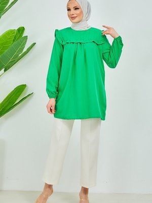 Önü Fırfır Detay Kolları Lastikli Tunik Yeşil
