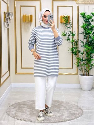 Terletmeyen İnce Kumaş Mevsimlik Çizgili Tunik