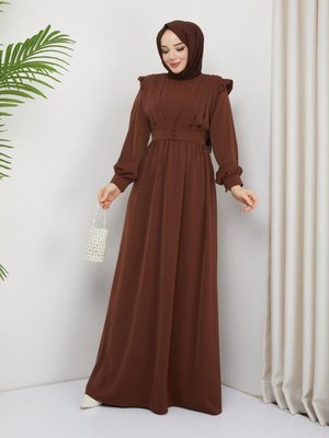 Düğme Detaylı Omzu Fırfırlı Büyük Beden Uzun Abiye