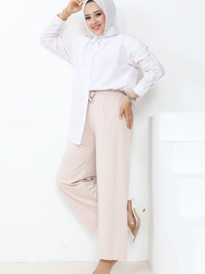 Meva Kemerli Bol Paça Pantolon Bej