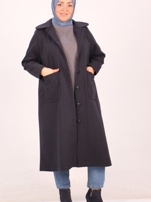 Lacivert Büyük Beden Bebe Yaka Kaşe Kaban