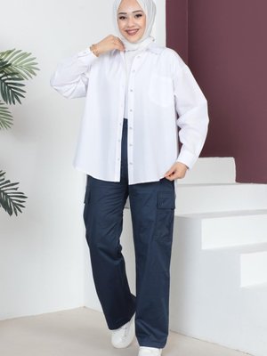 Beli Lastikli Bol Paça Pantolon İndigo Beli Lastikli Bol Paça Pantolon İndigo