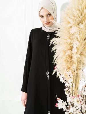 Yaprak Detaylı Siyah Ferace