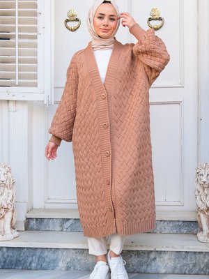 Örgü Detaylı Oversize Uzun Hırka Vizon Örgü Detaylı Oversize Uzun Hırka Vizon
