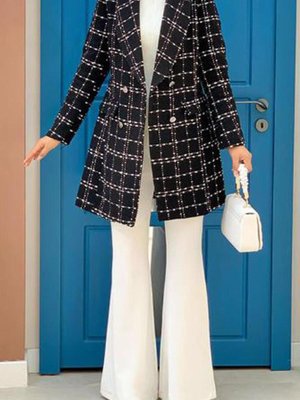 Siyah Kruvaze Yaka Düğmeli Kaşe Ceket